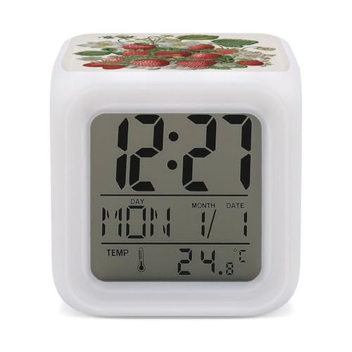 Image of FekiLoot Strawberry Embroidery Alarm Clock with Digital LED Color Change, Multi-Functional Alarm Clocks for Heavy Sleepers, Night Glowing Cube 7 Colors Clock for Bedside, Home Decor