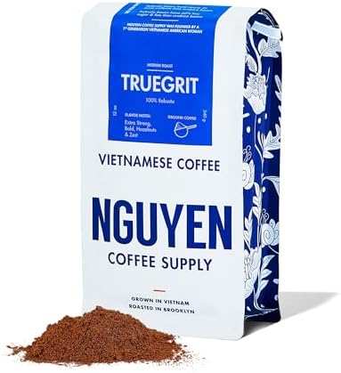 Nguyen Coffee Supply - Truegrit Robusta: Medium Roast Ground Coffee Beans, Vietnamese Single Origin, Direct Trade, Low Acid with High Caffeine Content, Roasted in Brooklyn [12 oz Bag]