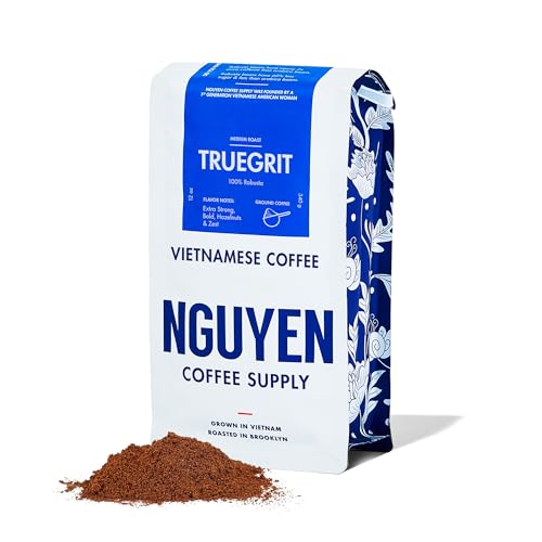 Nguyen Coffee Supply - Truegrit Robusta: Medium Roast Ground Coffee Beans, Vietnamese Single Origin, Direct Trade, Low Acid with High Caffeine Content, Roasted in Brooklyn [12 oz Bag]