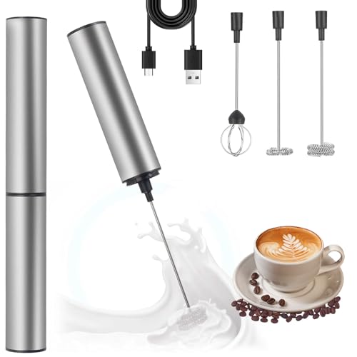 Mousseur à Lait Électrique USB Rechargeable,Mini Fouet à Lait Inox 304 avec 3 Embouts & 2...