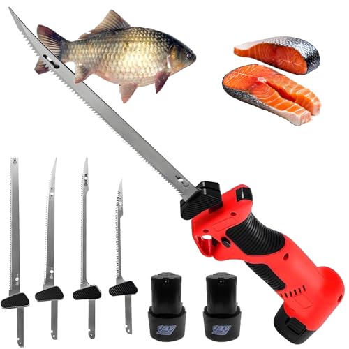 Troqullium Cuchillo eléctrico inalámbrico for filetear con mango antideslizante, 4 cuchillas recíprocas antiadherentes, cargador y estuche for pesca.