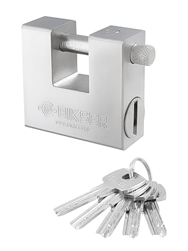 BIKSER - Candado de Seguridad Exterior (1 kg, 5 Llaves) – Candados de Acero Inoxidable con Grillete Grueso 12 mm Antirrobo para Puertas, Garajes y Trasteros