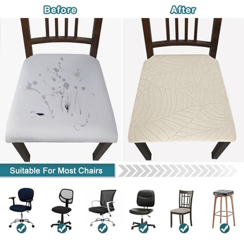 Image of SearchI Waterproof Seat Covers for Dining Room Chairs Stretch Jacquard Chair Seat Covers Set of 4, Removable Washable Kitchen Chair Seat Protector Cushion Slipcovers for Office (Beige Leaf)