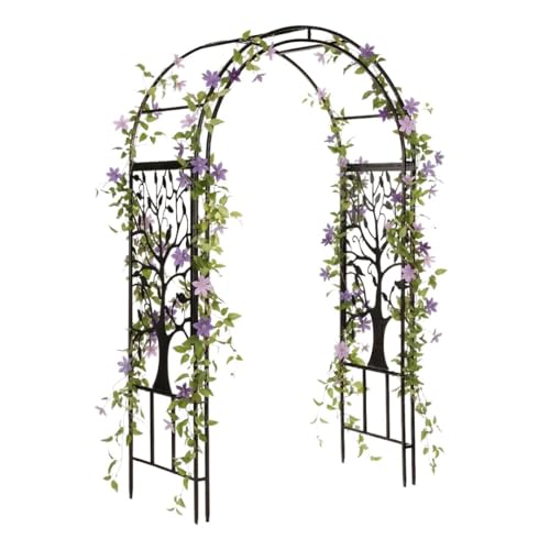 Plow & Hearth Metal Garden Arch Trellis Arbor Tree of Life Panels 7 feet Freestanding Outdoor Arch Trellis for Climbing Plants Pathway Entry and Wedding Garden Decor