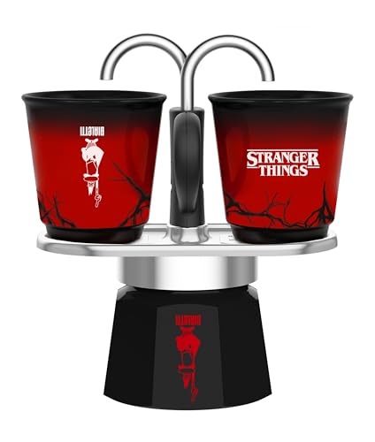 Image of Bialetti Mini Express Stranger Things Set - 2 Cup Espresso Maker (130ml) with 2 Heat Sensitive Ceramic Mugs, Heat Changing Colour Changing Non Induction Black