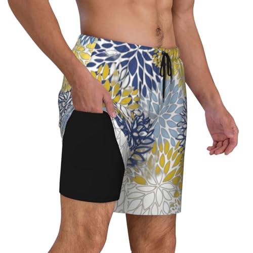 Men's Colored Flowers Print Quick-Dry Mesh Swim Trunks Stretch Lining Beach Shorts Surfing Summer Vacations Black