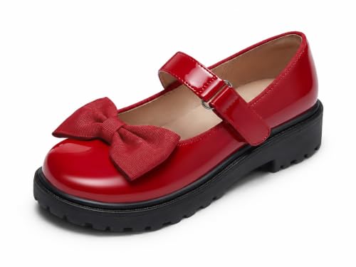 Coutgo Girls Mary Jane Dress Shoes Bow Closed Toe Chunky Heel Flats Platform Loafers School Uniform Shoes Red Size 9