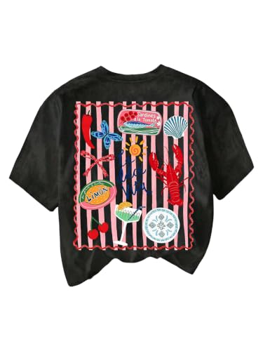 Image of RoseSeek Women's Graphic Letter Tee Crew Neck Trendy Summer Vintage T Shirt