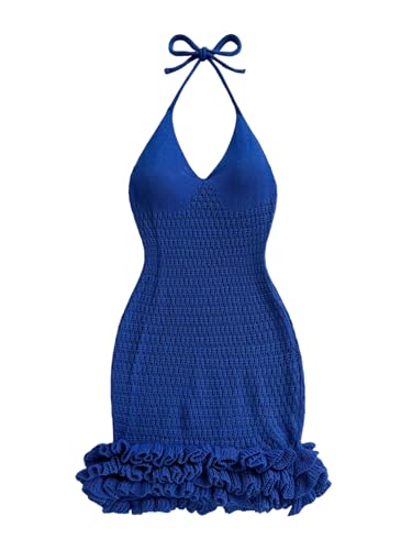 Image of GORGLITTER Women's Vacation Outfit Crochet Halter Knit Bubble Mini Dress Sexy Beach Cruise Summer Miami Resort Outfits
