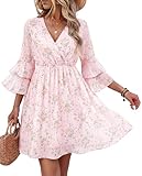 Bebonnie Summer Dresses for Women 2026: Womens Bell Sleeve Flowy Chiffon Elastic Waist Tropical Beach Vacation Cruise Dress Tea Party Wedding Guest Birthday Dinner Short Boho Dresses Multi Pink L