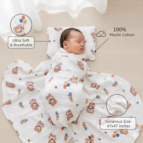Image of Kassy Pop Muslin Cotton Bath Towel Cum Baby Swaddler | Extra Soft Towels for Newborn 0 to 3 Years l 100% Organic Cotton wash Towel | 105 X 105 cm (Teddy Ballon Print)