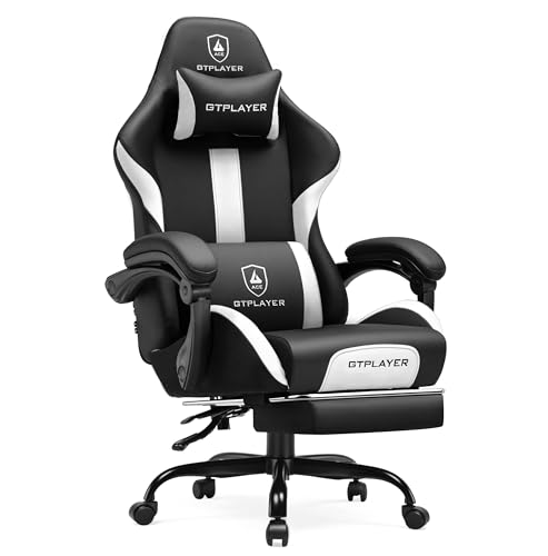 Image of GTPLAYER Gaming Chair with Pocket Spring Cushion, Leather Office Chair with Ergonomic High Back & Lumbar Support for Back Pain Relief, Computer Game Chair for Adults, White /Black