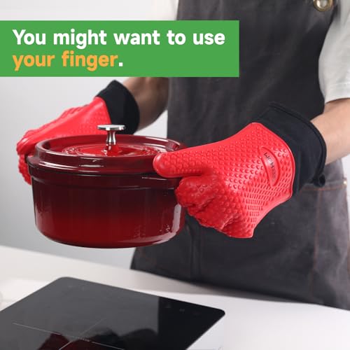 Image of GEEKHOM BBQ Gloves Heat Resistant Oven Mitts - Silicone Grilling Gloves with 13.7 inch Arm Protection - Waterproof Pot Holder Non-Slip for Men & Women, Kitchen Outdoor Cooking, Baking, Camping, Red