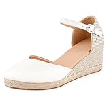 BCTEX COLL Women's White Espadrilles Wedge Sandals Ankle Strap Platform Closed Toe Dressy Shoes, Size 9.5