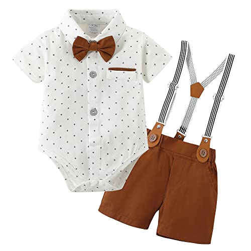 Image of ZOEREA Baby Boy Clothes Suit Infant Short Sleeve Gentleman Outfits Dress Shirt+Bowtie+Suspender Shorts 0-18M