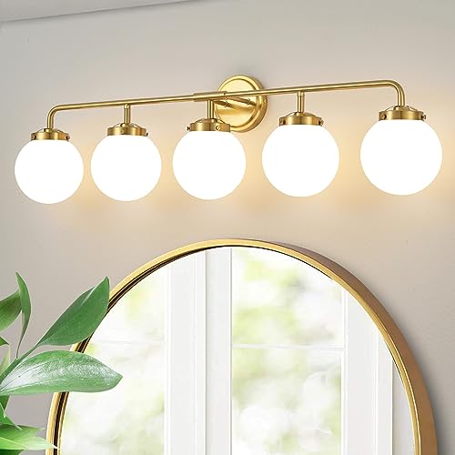 Image of Bathroom Light Fixtures 39in 5-Light Brushed Gold Vanity Light for Mirror | Bathroom Lighting Fixtures over Mirror, ETL, Brushed Brass Wall Sconce, Dimmable E12 Base Max 60W, Milky Glass Ball Shades