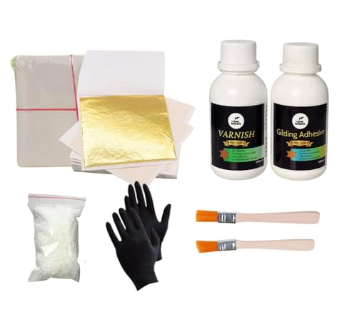 Gold Leaf Kit with Gilding Adhesive and Varnish 100ml Water-Based Glue Sealer Set Golden Foil Sheets for Art Professional Metal Leafing Supplies Furniture Painting Restoration Craft Tools