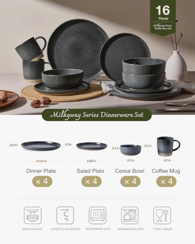 Image of Famiware Milkyway Stoneware Dinnerware Sets with Mugs, Service for 4 (16 Pieces), Reactive Glaze Plates and Bowls Sets, Microwave and Dishwasher Safe Dishes Set, Matte Dark Charcoal