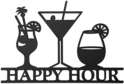 Funrous Happy Hour Sign Bar Signs Wall Decor Art Metal Bar Decorations Vintage Hot Drinks Sign Decorative Drink Bar Sign Plaques for Bar Open Pub Decor (Black, Happy Hour)