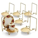 HOHIYA 6pc Cup and Saucer Display Stand Tea Holder Rack for China Teacup Coffee Mug Organizer Etched Base Gold