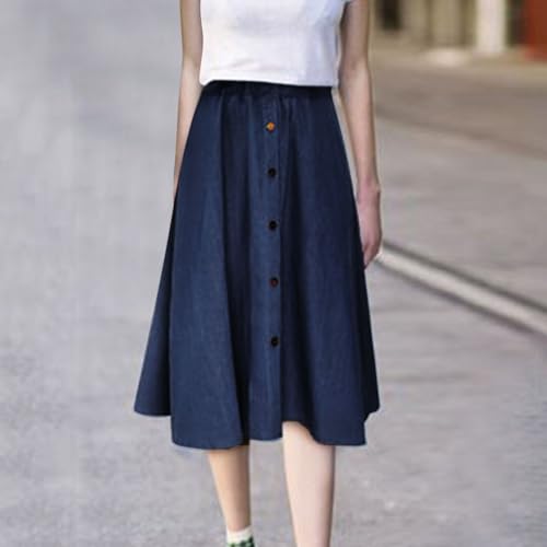 Denim Midi Skirts for Women Summer Casual Elastic High Waisted Buttons Front A-Line Flowy Ruffle Jean Skirt3