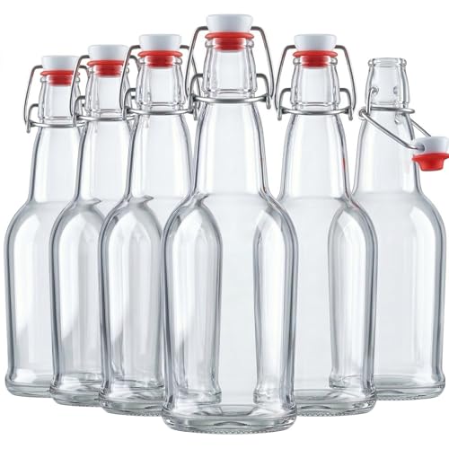 Swing Top Glass Bottles with Airtight Lids, Flip Top, for Carbonated Drinks, Kombucha Bottles, 2nd Fermentation, Water - 16 Ounces - 6 Pack