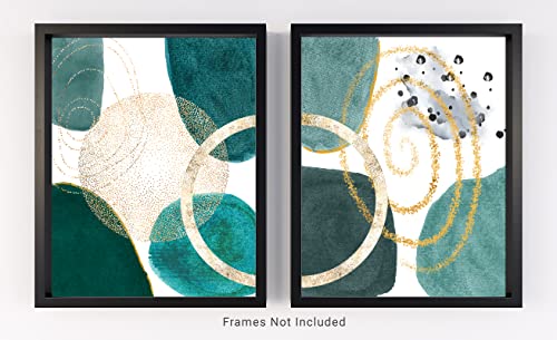 Abstract Circle Wall Art Print, Boho Wall Decor, Minimalist Modern Geometric Watercolor In Green Black Gold. Mid Century Modern And Contemporary Art For Bedroom, Living Room. Unframed 11X14 Set Of 2. #TOP3