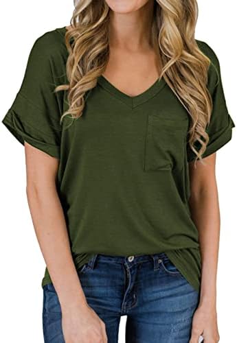 MIHOLL Women's T Shirts V Neck Short Sleeve Casual Loose Plain Summer Basic Tee Tops with Front Pocket (Army Green, Small)