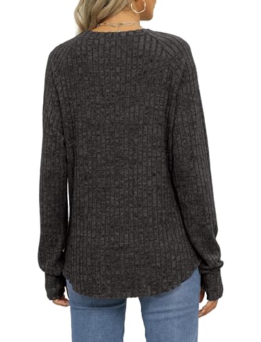 Image of Saloogoe Women's Long Sleeve Top Crewneck Basic Lightweight Fall Shirt with Thumb Hole
