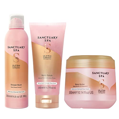 Sanctuary Spa Lily and Rose Foaming Shower Gel With Lily and Rose Body Butter, Body Moisturiser With Lily and Rose Body Scrub