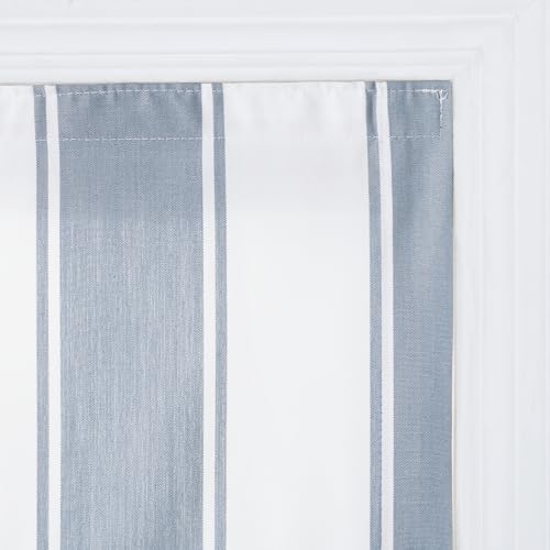 Image of TWOPAGES No Drill Wide Stripe Roman Shades Cordless Roman Blinds for Windows, Custom Made Light Filtering Blackout Blinds Farmhouse Shades for Kitchen, Blue Bordered Wide Bar, 1 Piece