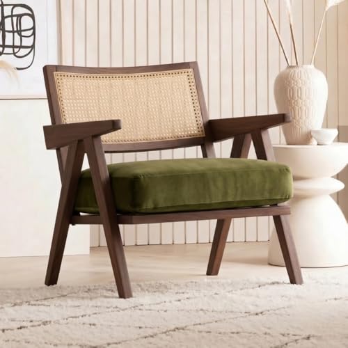 Image of Kingsman Furnitures ABEL Rattan Teak Wood Accent Arm Chair for Home Bedroom, Living, Dining, Drawing Room | Ultra Soft and Comfortable for Stress Free | Removable Cushion (Walnut Olive Green)