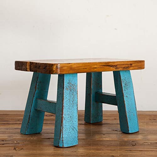 Footstool Work Stool Shower Stool Step Stool Retro Distressed Small Square Bench Creative Paint Elm Change Shoes Multifunction Household Creative (Color:Blue)