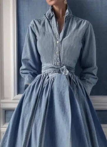 Dresses for Women Summer 2025 V Neck Long Sleeve A Line Casual Trendy Beach Denim Maxi Dress with Front Waist Tie3