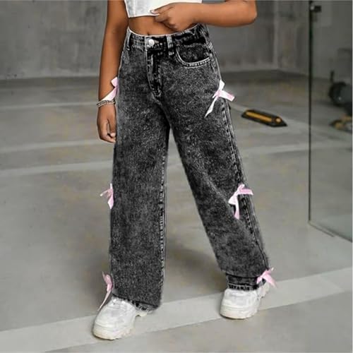 Bow for Girls Wide Leg Baggy Denim Pants,Cute High Waisted Kids Clothes Casual,Teen Trendy Washed Jean Flare Leg Trouser4