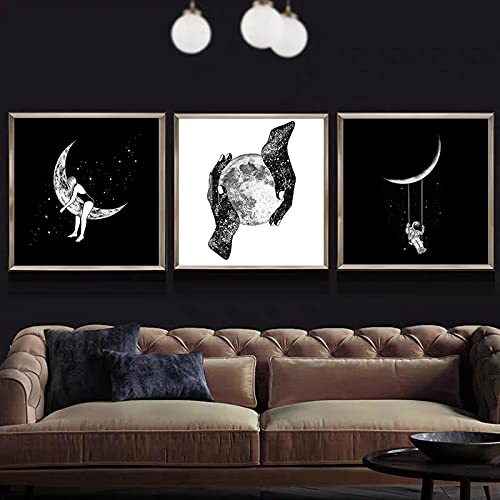 Art mural lune noir et blanc affiche abstraite format carré 60x60cm sans cadre