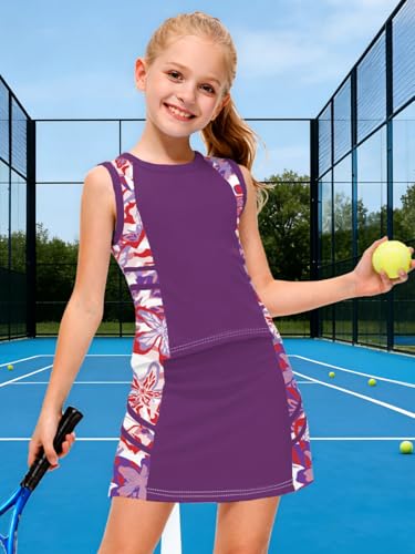 Image of AOBUTE Girls Tennis Golf Outfit Tank Top and Skirt with Shorts Set 4-12 Years
