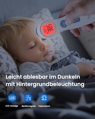 Fieberthermometer für Babys Kinder und Erwachsene, kontaktloses Stirnthermometer Infrarot Digital Thermometer mit sofortiger genauer Ablesung, Fieberalarm, weiß
