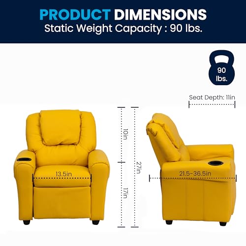 Image of Flash Furniture Vana Vinyl Kids Recliner with Cup Holder, Headrest, and Safety Recline, Contemporary Reclining Chair for Kids, Supports up to 90 lbs., Yellow