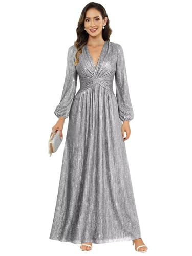 Image of Women's Formal Wedding Guest V Neck Glitter Sequins Mother of The Bride Dresses Long Sleeve