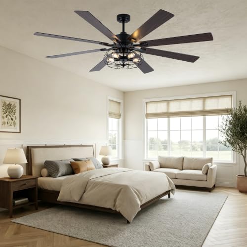 Image of 72 Inch Farmhouse Ceiling Fan with Lights Black Caged Rustic | Remote Control Fandelier Ceiling Fan, 5-Lights Large Chandelier for Living Room, 8 Dual Blades Reversible DC Motor 6 Speeds