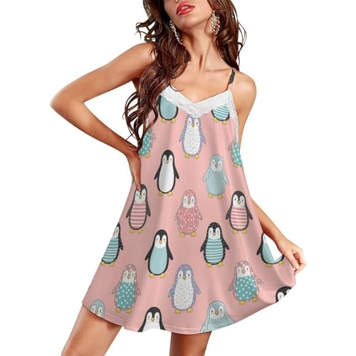 AMRANDOM Sexy Cami Sleepwear for Women V Neck Lace, Cartoon Penguin, Sleeveless Short Nightgown Soft Pajamas Sleep Dress
