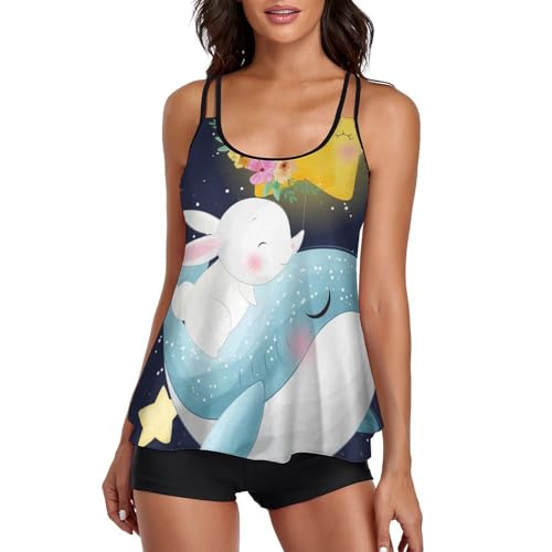 Robe de Plage Tankini Imprimé Original Baleine et Lapin pour Femme