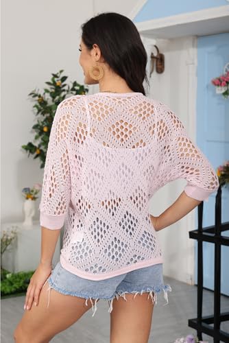 Image of NASKY Womens Crochet Top Summer Fashion 2026 - Sexy 3 /4 Batwing Sleeve Knit Sweater, Bohemian Resort Wear for Cruise Outfits & Beach Days(Pink,Large)