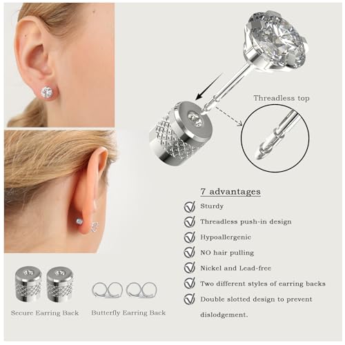 5-6 pairs Push-in Flat Back Stud Earrings Hypoallergenic Surgical Stainless Steel Cubic Zirconia Earrings Studs Set Multi-Pack, CZ Stud Earrings for Women Men Trendy Cartilage Stud Earrings 2-8mm2