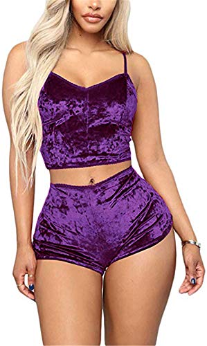 Women Sexy Strappy Babydoll Lingerie Satin Velvet Pajama Set Straps Camisole with Shorts 2 Piece Sleepwear Shorts (Purple, L)