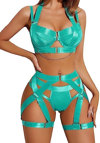 Avidlove Lingerie Set for Women Sexy Strappy Lingerie Underwire Push Up Bra Garter Set Lingerie with Chain