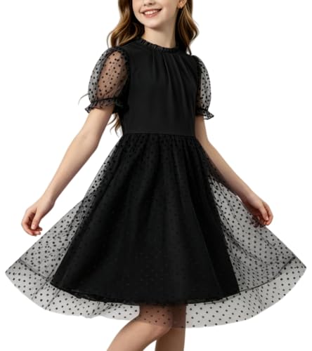 Rolanko Rolanko Girls Contrast Mesh Dress Short Puff Sleeve Dress