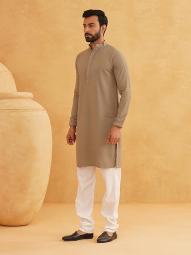 Image of Sojanya (Since 1958 Men'S Geometric Embroidered Thread Work Cotton Straight Long Kurta