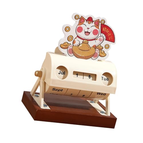 CIYODO - CIYODO Rotary Perpetual Desk Calendar Lucky Cat Decor Compact Wooden Desktop Organizer with Manual Date Month Week Display for Office Home Tabletop Accessory